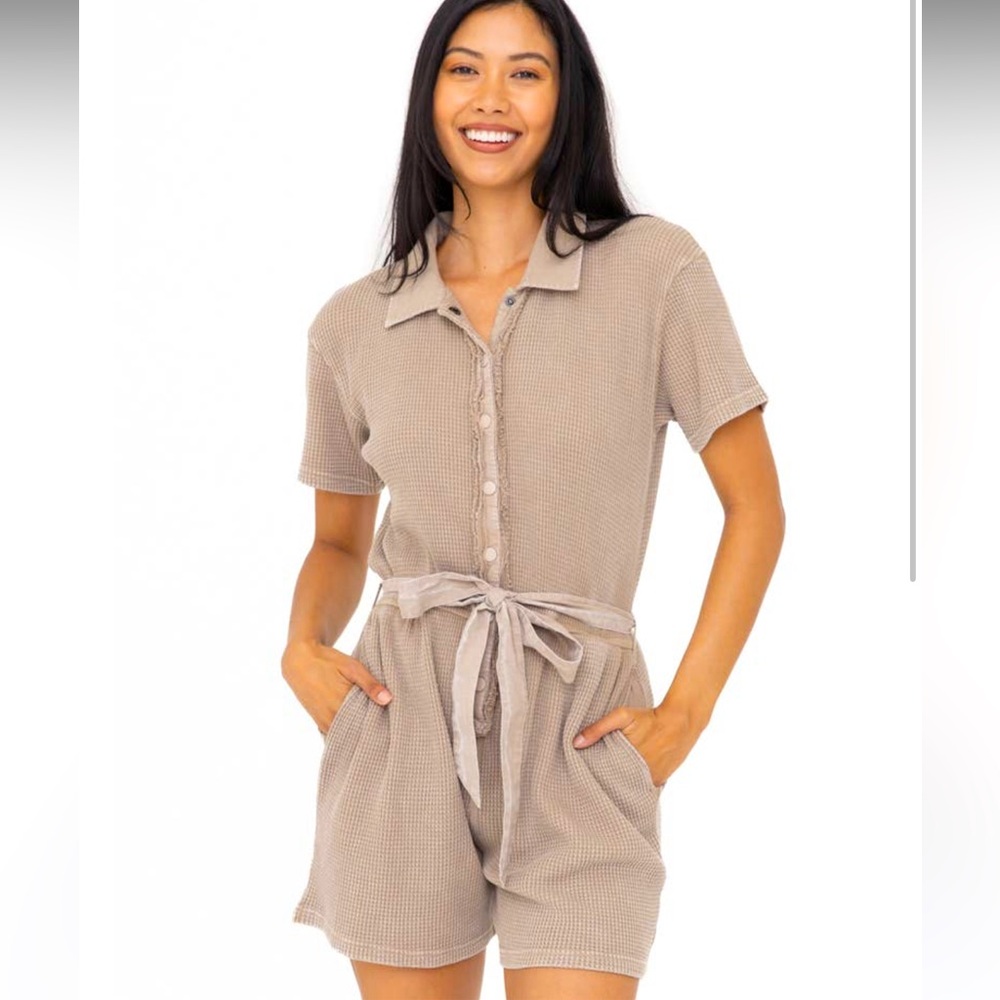Mono B Tan Short Sleeve waffle Romper